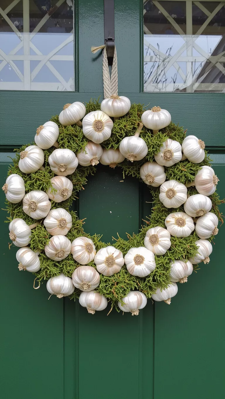 Garlic Bulb Spooky Wreath A photo of a spooky Halloween wreath made of garlic bulbs nestled in moss, hanging on a green door.