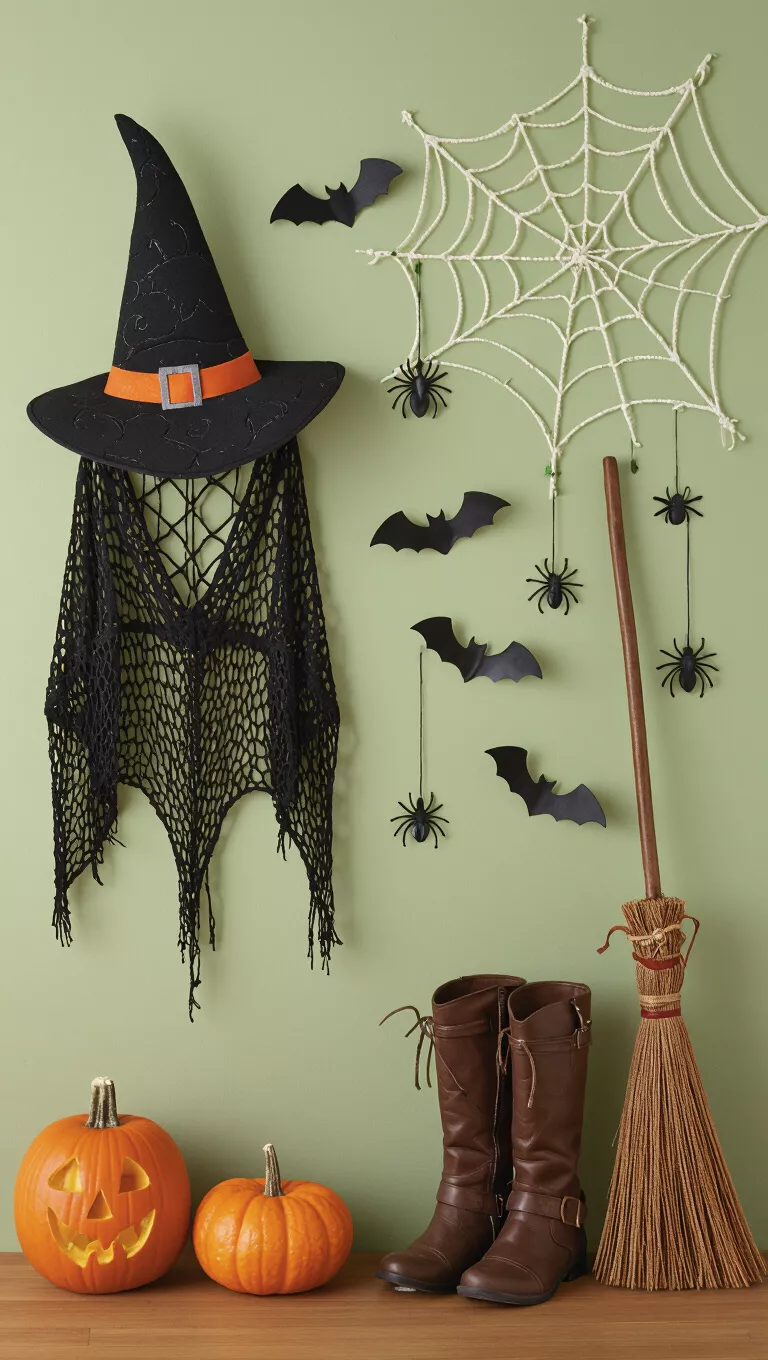 Witch's Corner Wall Display A photo of Halloween decorations featuring a witch's hat, a spiderweb shawl, antique boots, a broom, bats, and spiders on a green wall.