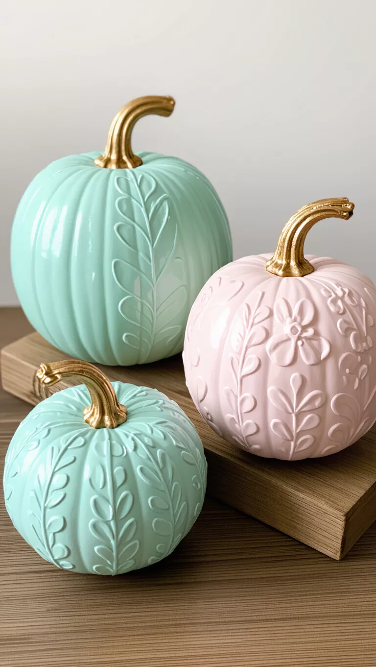 Elegant Patterned Pumpkins A photo of two decorative pumpkins, one large and one small, painted light colors with raised floral/leaf patterns and gold stems.