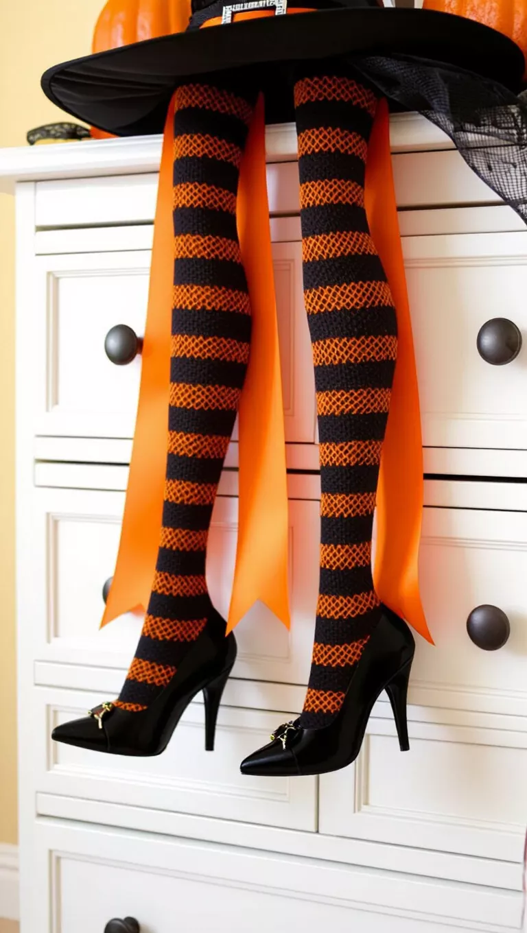 Witch Shoe Ribbons A photo of a Halloween decoration featuring two long ribbons with ornate, black witch-like shoes hanging at the ends, over white drawers.