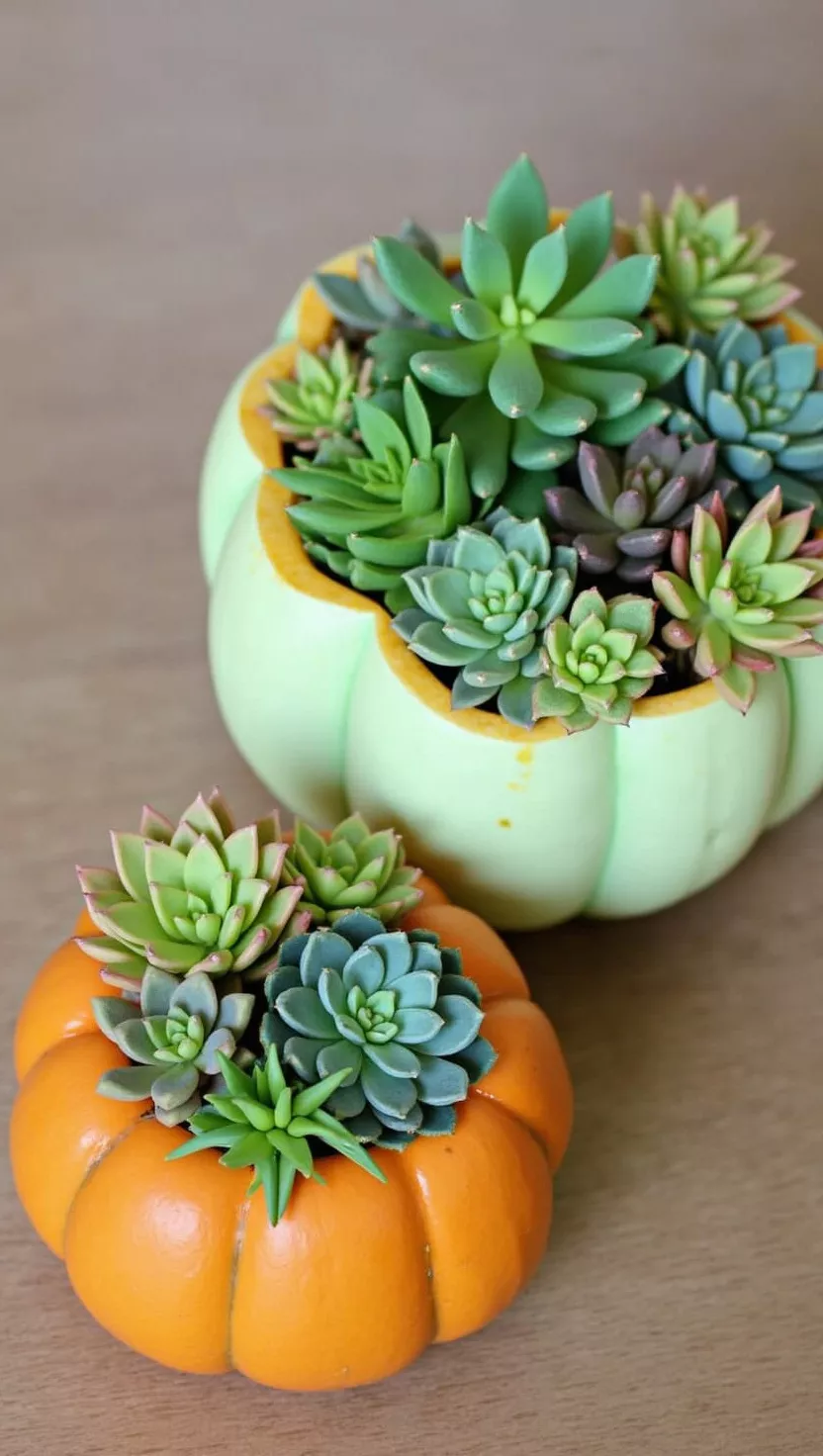Succulent-Filled Pumpkins A photo of two pumpkins, a larger light green and smaller orange one, carved out and filled with various vibrant green succulents.