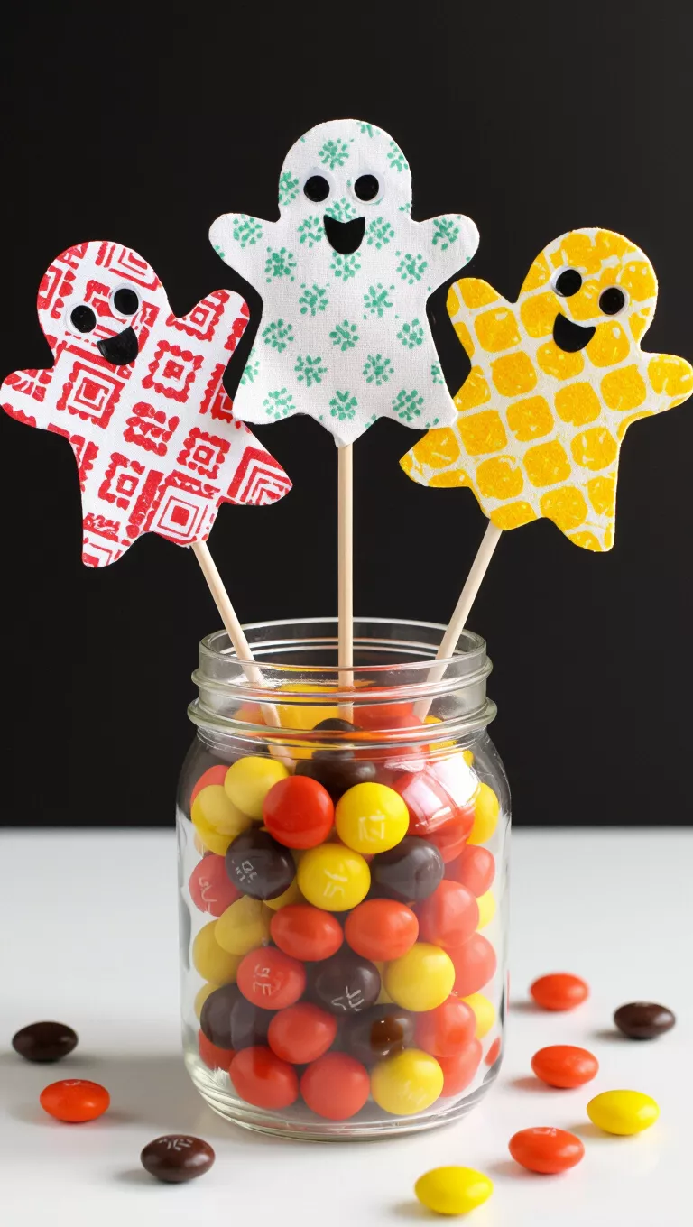 Lollipop Ghost Jar Display A photo of lollipop ghost figures made from patterned fabric and sticks emerge from a jar filled with orange, brown, and yellow candies.