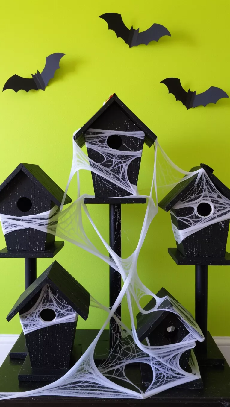Spiderweb Birdhouses A photo of a spooky scene with black-painted birdhouses covered in fake spiderwebs, and paper bats flying on a vibrant green wall.