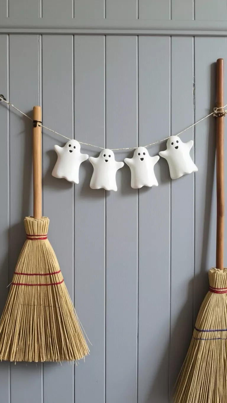 Hanging Ceramic Ghosts A photo of a string of white ceramic ghost figures with simple faces hangs on a gray paneled wall, near two brooms.