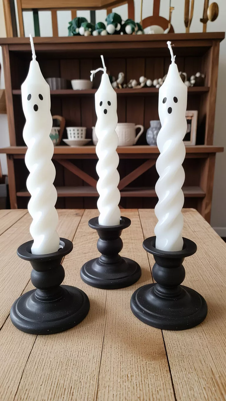 Twisted Ghost Candles A photo of three white, twisted ghost candles with small faces stand in black candle holders on a wooden table.