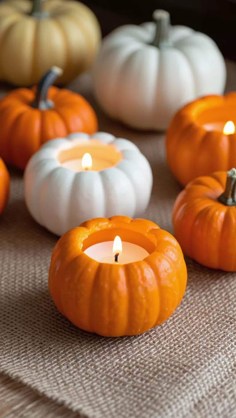 Mini Pumpkin Candle Holders A photo of miniature pumpkins, both orange and white, hollowed out and serving as decorative holders for small, glowing candles.