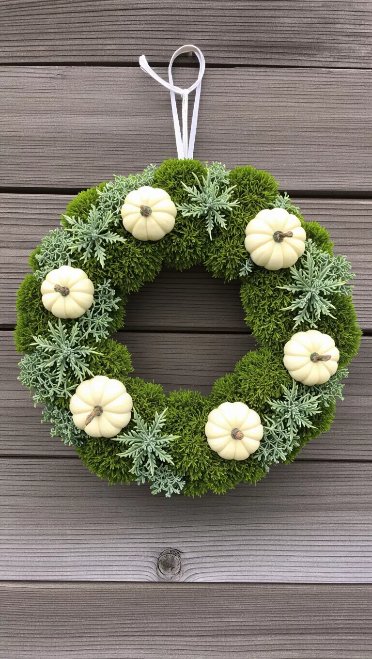 Moss and Mini Pumpkin Wreath A photo of a lush green moss and lichen wreath adorned with several small, white pumpkins, resting on a wooden surface.