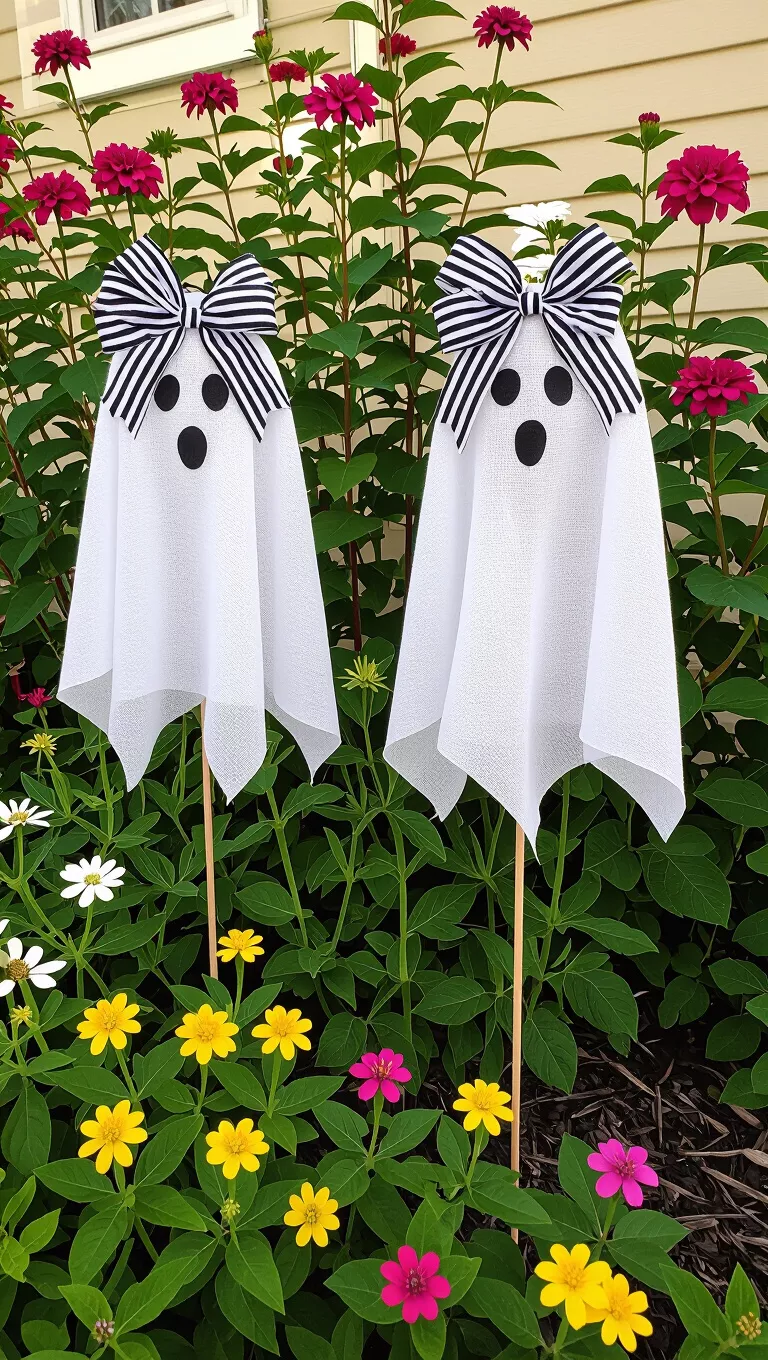 Gauze Ghosts on Stakes A photo of two white gauze ghosts with black and white striped ribbon bows on their heads, mounted on stakes in a garden.
