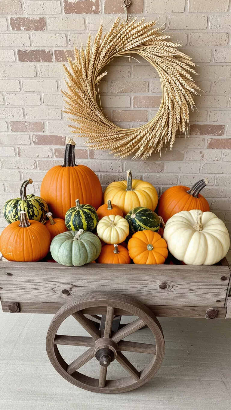 Pumpkin and Gourd Cart Display A photo of a rustic wooden cart filled with a variety of pumpkins and gourds in different sizes, colors, and textures, adorned with a small wheat wreath.