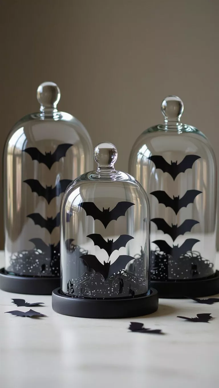 Bat Cloche Vignettes A photo of three glass cloches of varying sizes, each encasing a cluster of black paper bats, creating a spooky vignette.