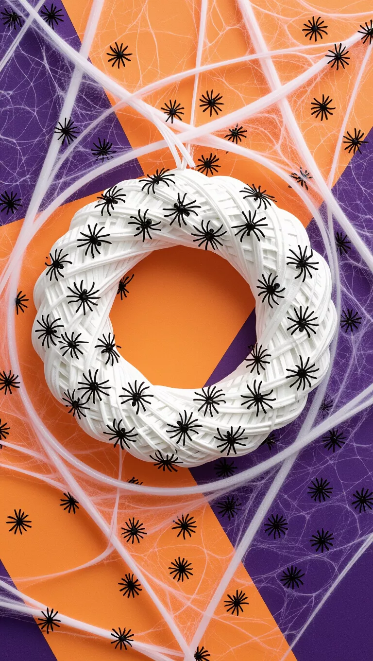 Spiderweb Berry Wreath A photo of a white berry wreath is tangled with fake spiderwebs and adorned with numerous black plastic spiders on a purple and orange background.