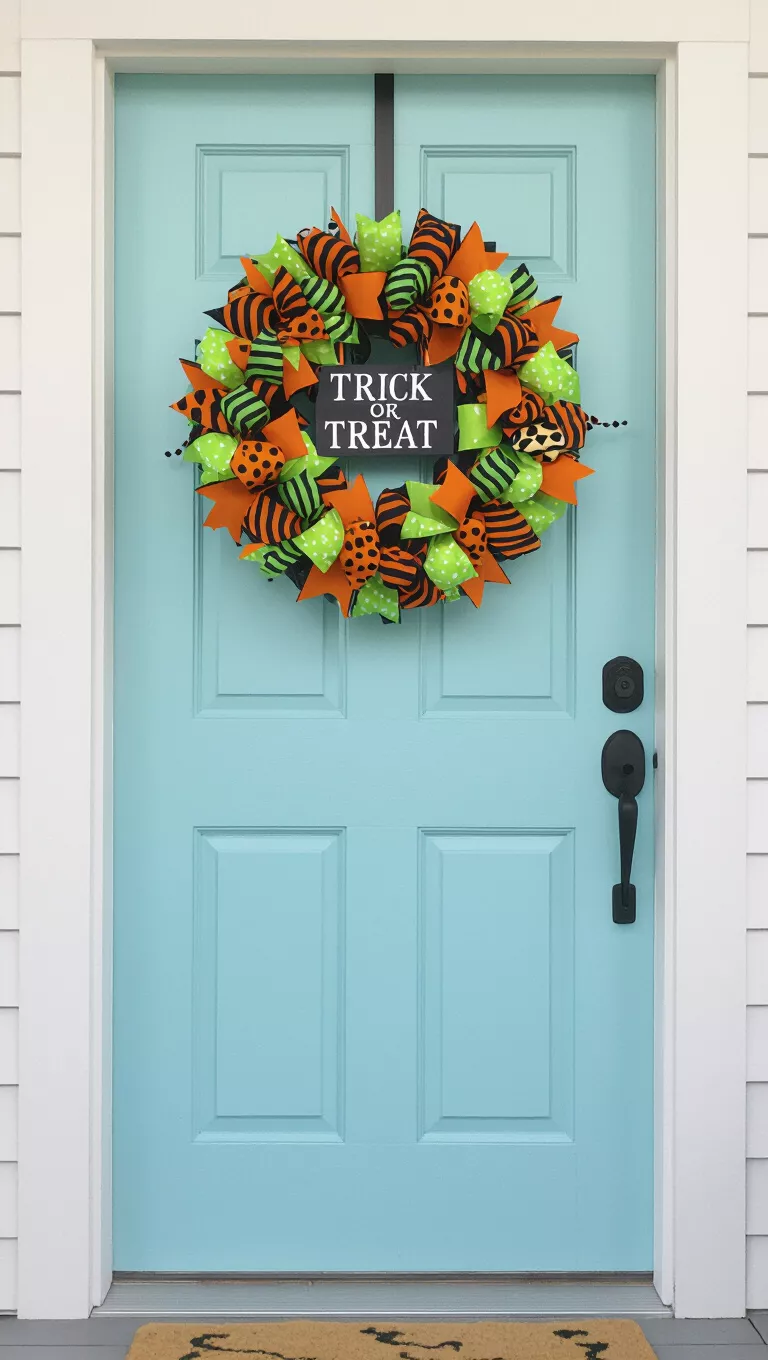 A photo of a light blue front door with a vibrant Halloween wreath with orange, green, and black ribbons, beads, and a 