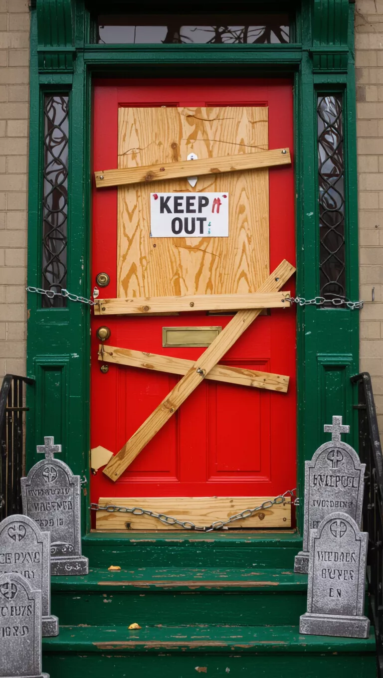 A photo of a brightly colored red front door boarded up with 