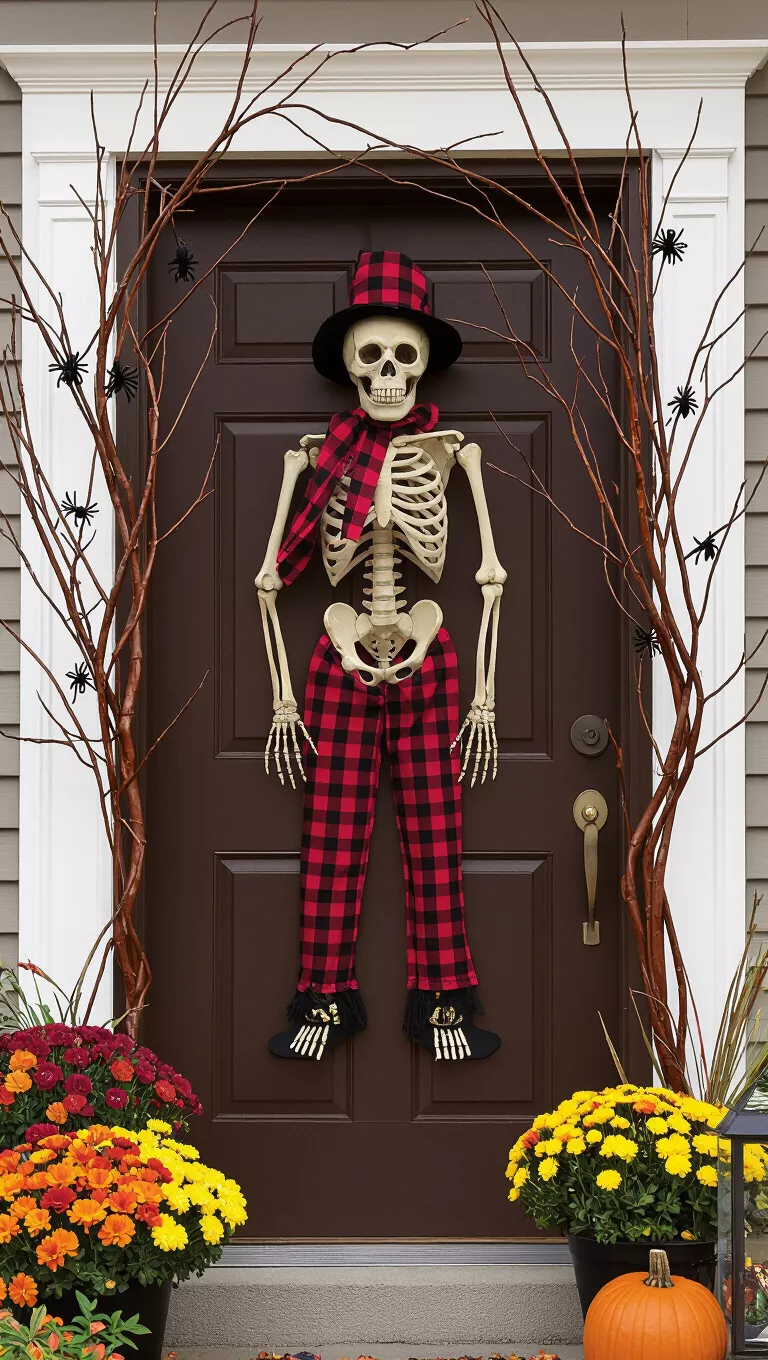 A photo of a brown front door featuring a decorated skeleton in a plaid outfit, perched atop the door, flanked by spooky branch decorations with spiders and vibrant autumn plants.