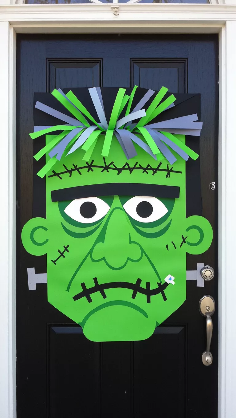 A photo of a black front door decorated as Frankenstein's monster face with green and grey streamers for hair, white eyes, and taped-on mouth stitches.