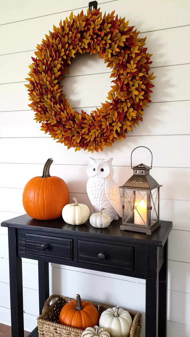 A photo of a dark wood console table with an orange pumpkin, a white owl, smaller white and sparkly pumpkins, and a lit lantern.