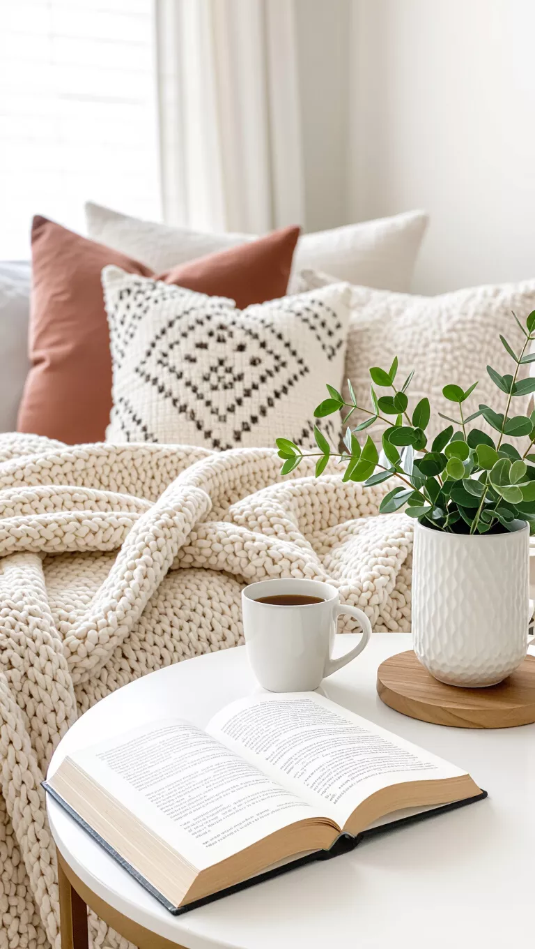 The Perfect Reading Nook A photo of a bedroom, an inviting reading scene with a textured blanket, a patterned pillow, a white mug, an open book, and leafy green arrangement on a circular table.