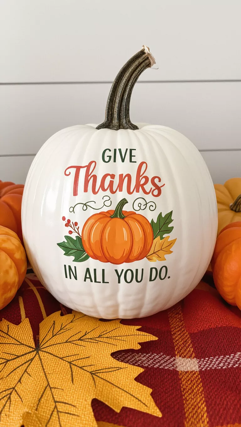 A photo of a white decorative pumpkin adorned with a colorful fall-themed transfer featuring an orange pumpkin and the words 'Give thanks in all you do.'