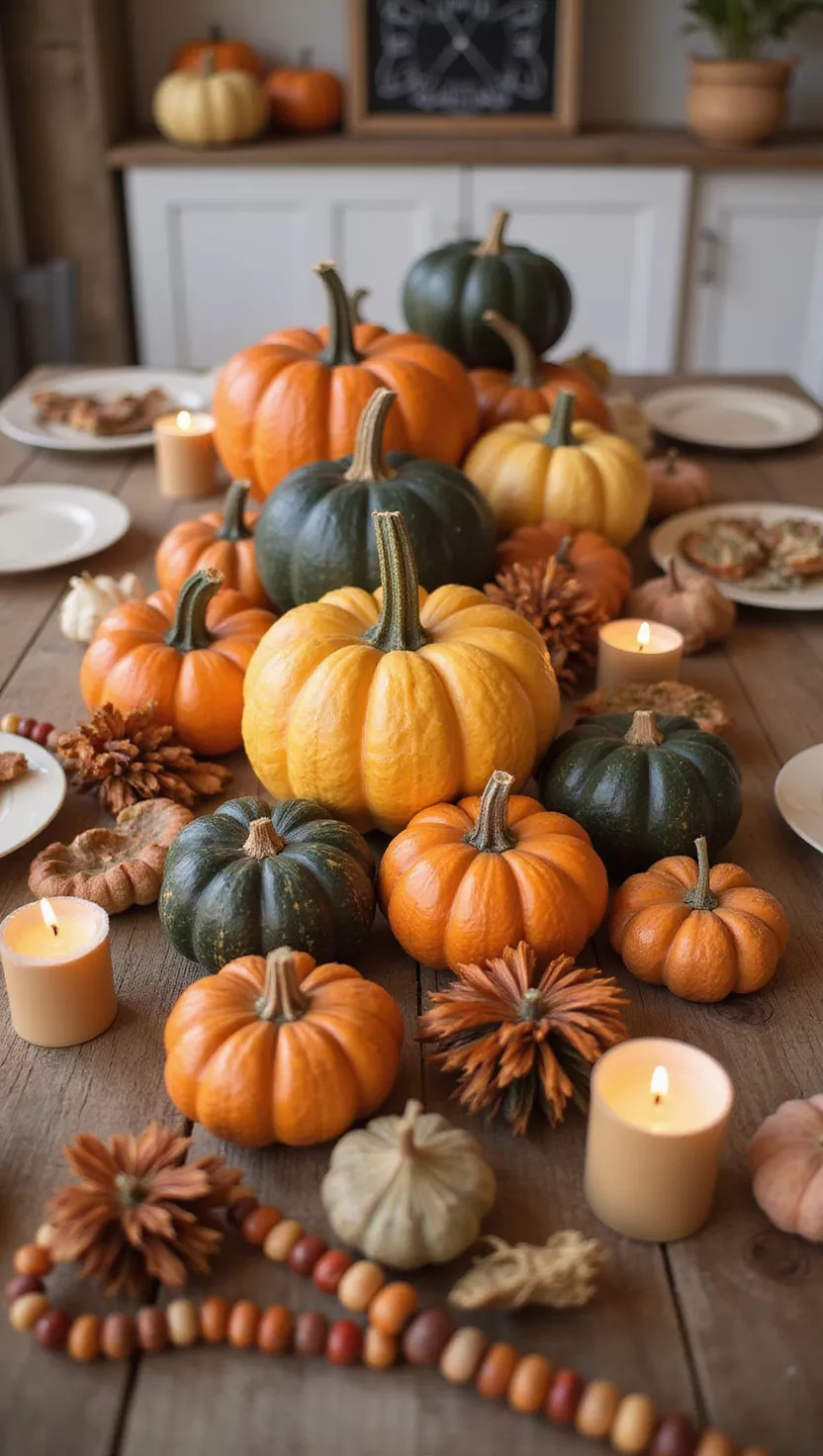 A photo of a rustic wooden table adorned with various decorative pumpkins in warm autumnal hues, candles, and beaded garlands.