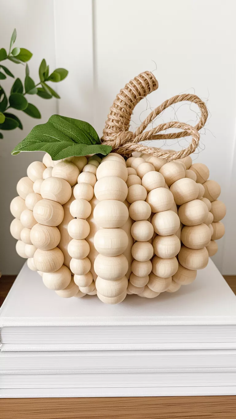 A photo of a decorative pumpkin made from light wooden beads stacked on white books, with a faux green leaf and braided twine for the stem.