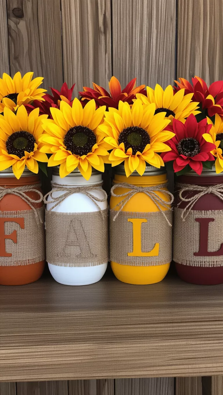 A photo of four painted mason jars, each a different fall color, wrapped in burlap with cutout 
