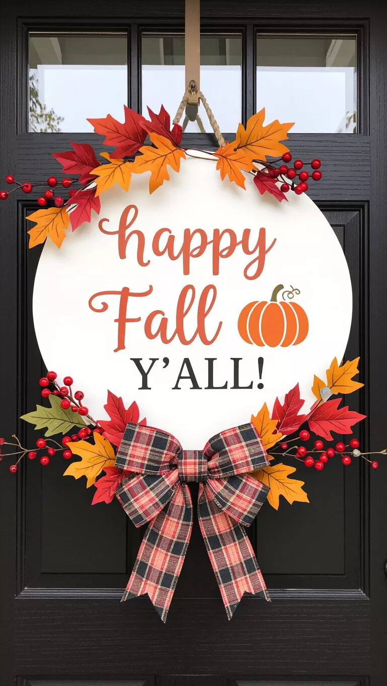 Happy Fall Y’all! A photo of a front door with a circular ‘Happy Fall Y’all!’ sign on a dark wood background, accented with a plaid bow, autumn leaves, and berries.