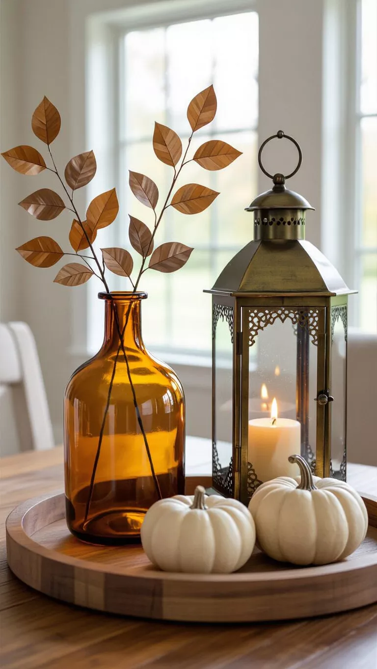 A photo of a table with a wooden tray displaying an amber glass vase with dried leaves and flowers, an antique brass lantern, and two light-colored decorative pumpkins.