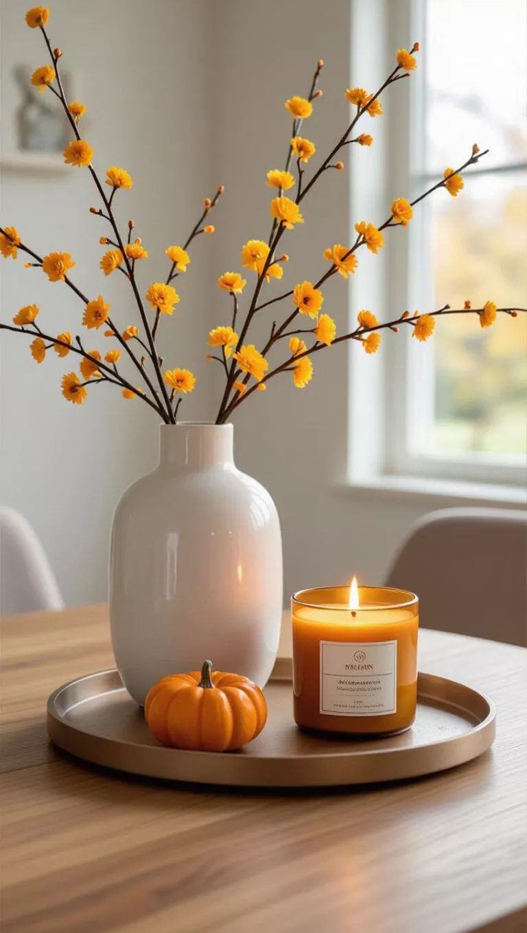 A photo of a table with a modern tray holding a large white vase with delicate yellow-orange branches and a pumpkin-scented candle.