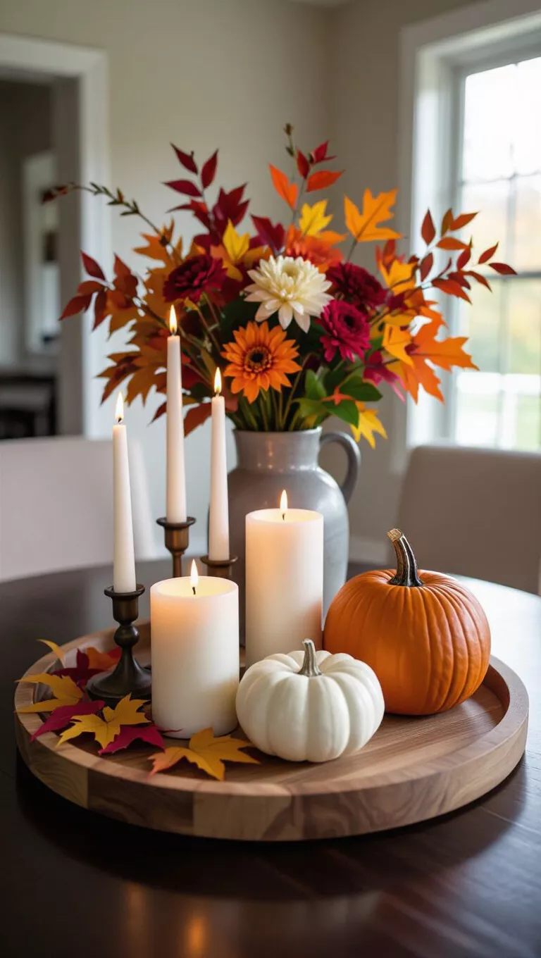 A photo of a table with a round wooden tray holding tall white candles, a vibrant vase with fall foliage, a pumpkin, and a white decorative pumpkin.