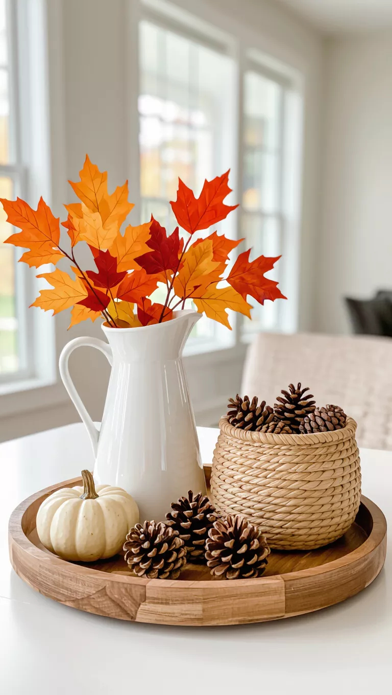 A photo of a table with a wooden tray displaying a white pitcher with autumn leaves and pinecones, a woven basket with pinecones, and a woven pumpkin.