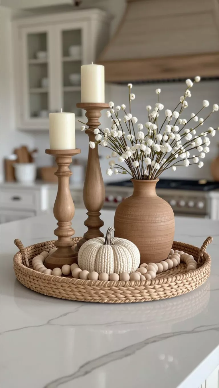 A photo of a kitchen island with a decorative tray featuring tall wooden candlesticks, a woven pumpkin, a rustic vase with dried white flowers, and a string of wooden beads.