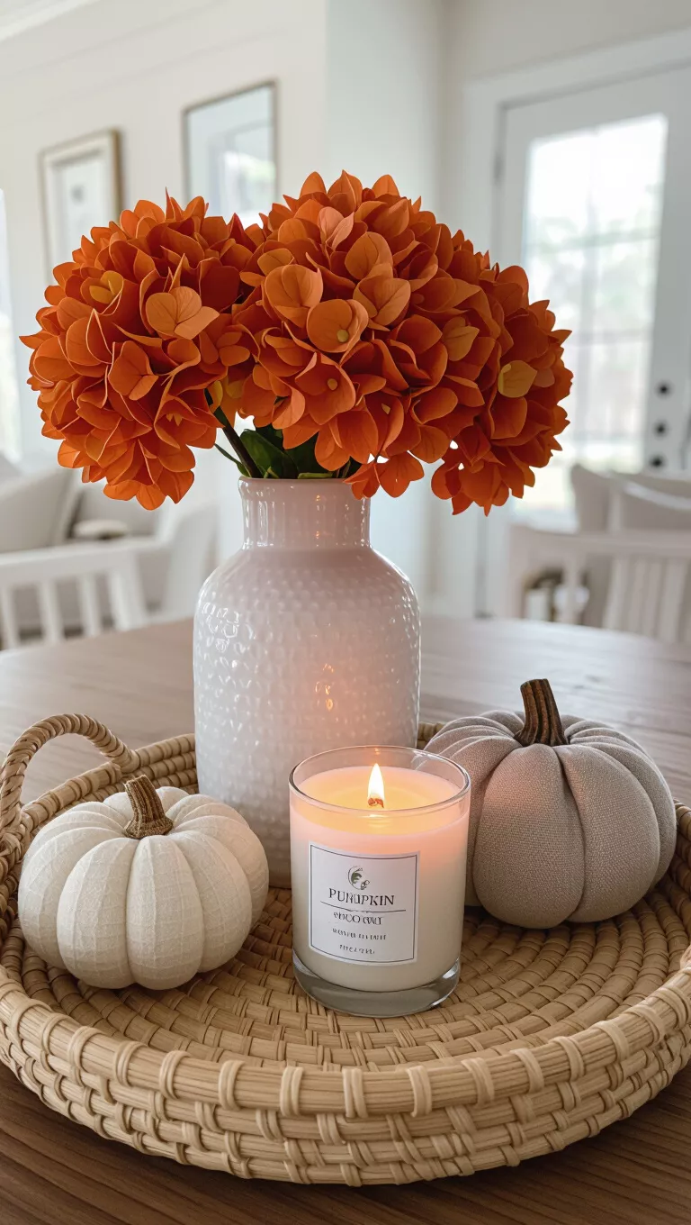 A photo of a table with a woven tray displaying a white vase with orange dried hydrangeas, three fabric pumpkins, and a PUMPKIN COCONUT scented candle.