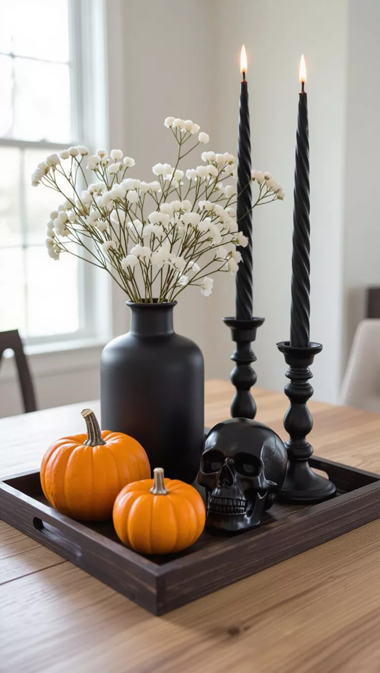 A photo of a table with a dark wooden tray displaying three small orange pumpkins, a black skull candle holder, and tall black twisted candles, with a dark vase holding dried white flowers.