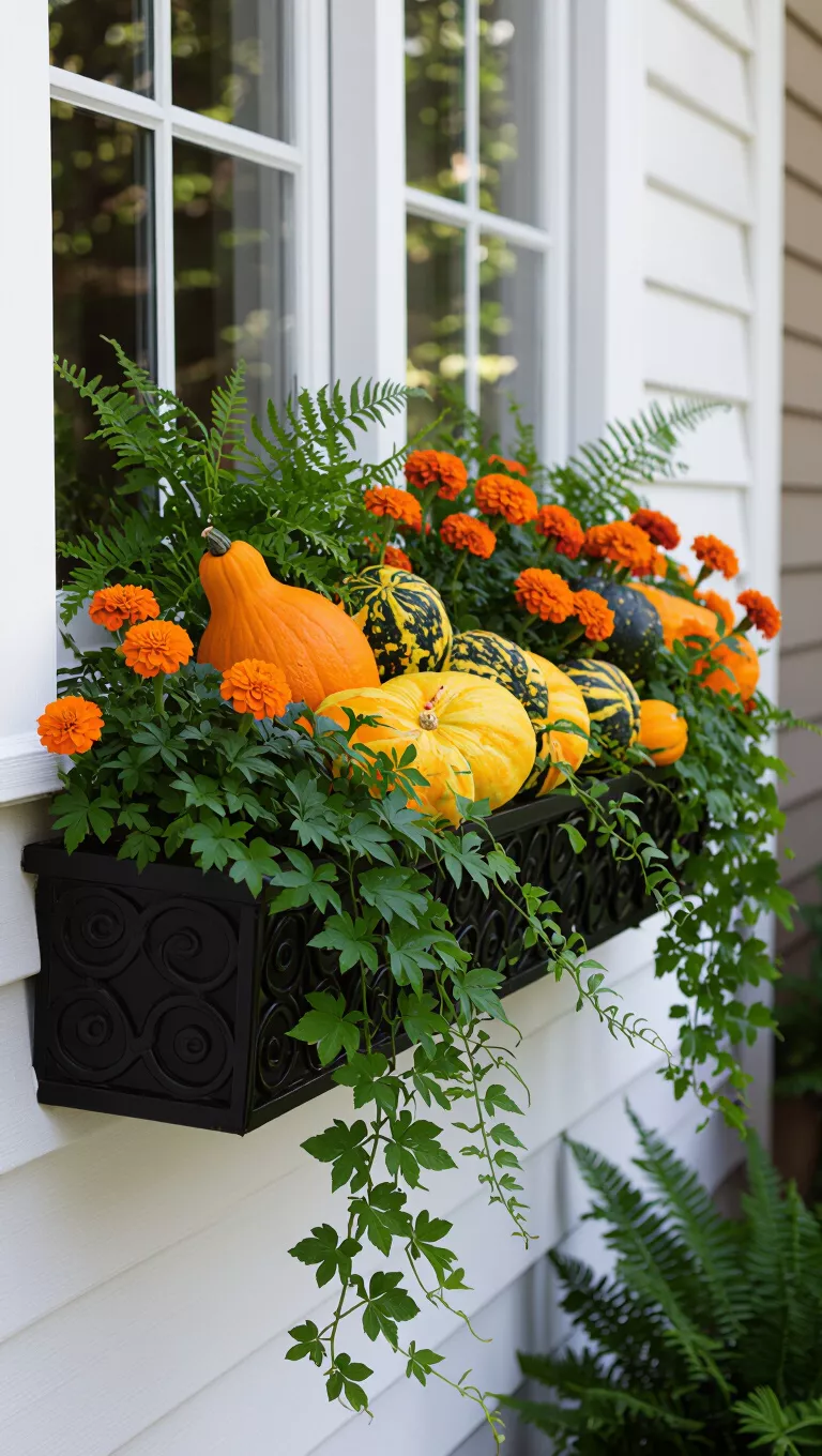 Rustic Charm with Gourds and Golds A photo of a window box brimming with small gourds, orange marigolds, asparagus fern, and trailing ivy cascading over a black scrollwork planter on a white house.