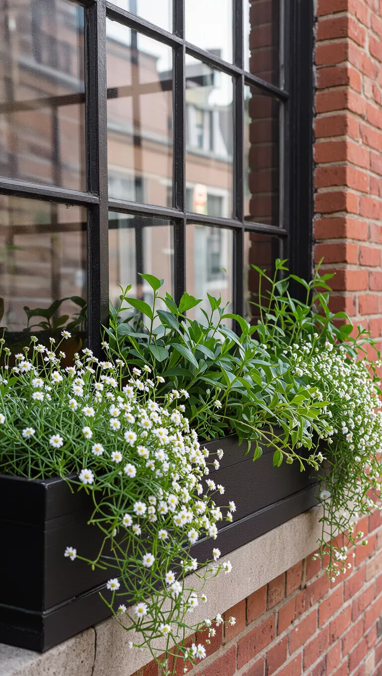 Modern Green and Industrial Chic A photo of a window box with small white flowers and herbs, situated against a brick wall with industrial-style window frames.