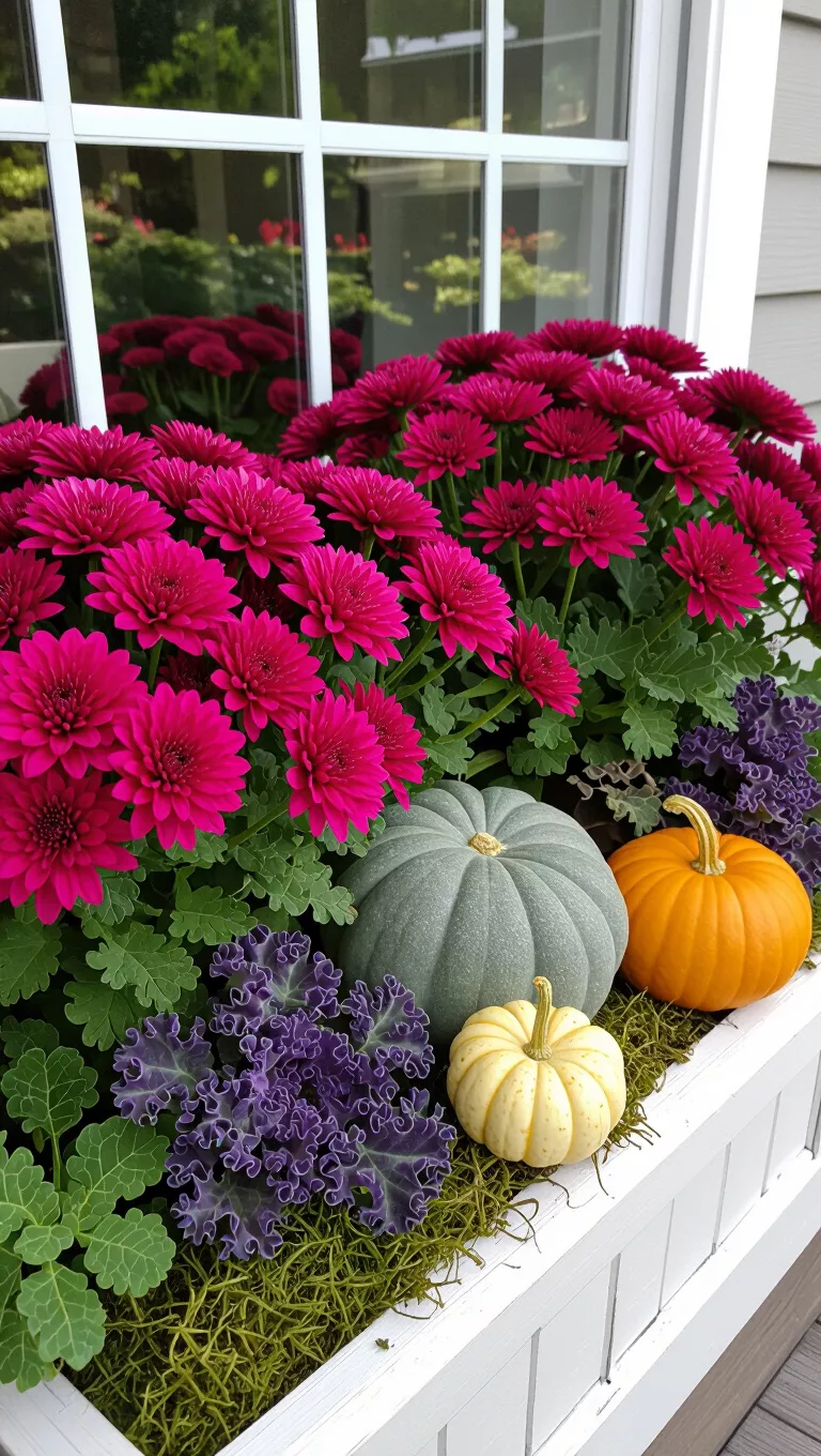 Purple Haze with Autumnal Delights A photo of a window box filled with vibrant magenta mums, two blue-green squashes, purple kale, and mini white gourds on moss within a white planter box.