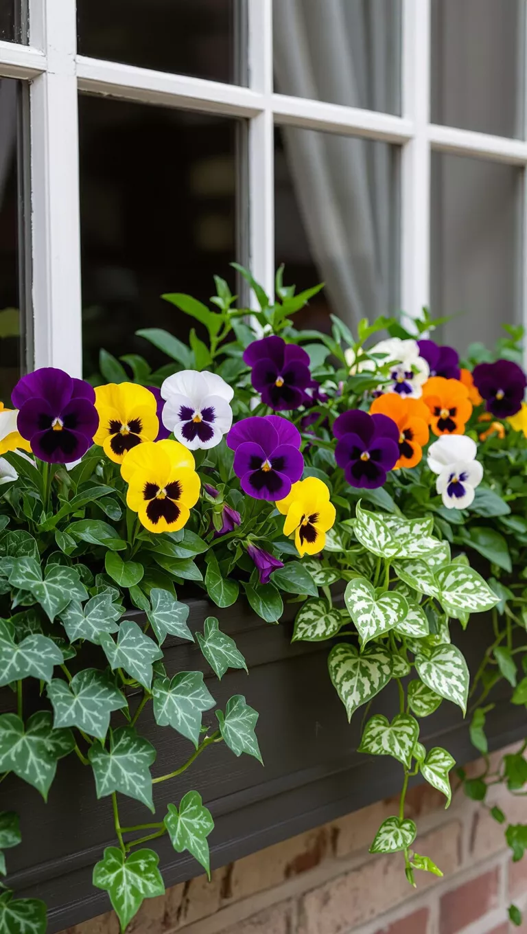Lush and Leafy Pansy Paradise A photo of a window box thriving with colorful pansies, leafy green plants, white spotted foliage, and trailing ivy, creating a lush display.