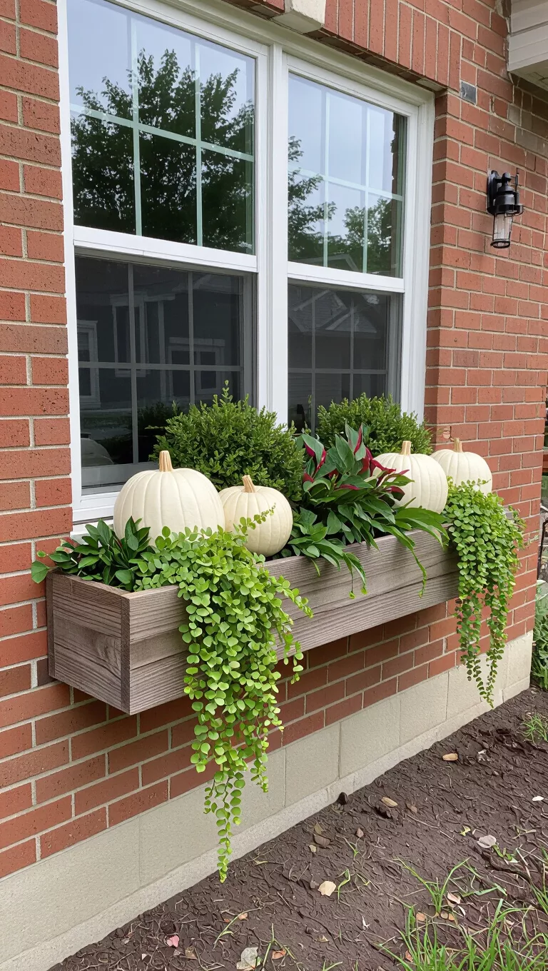 White Pumpkins Against Brick A photo of a window box with white pumpkins, green foliage, and some accent plants, set against a brick house with visible dirt below the box.