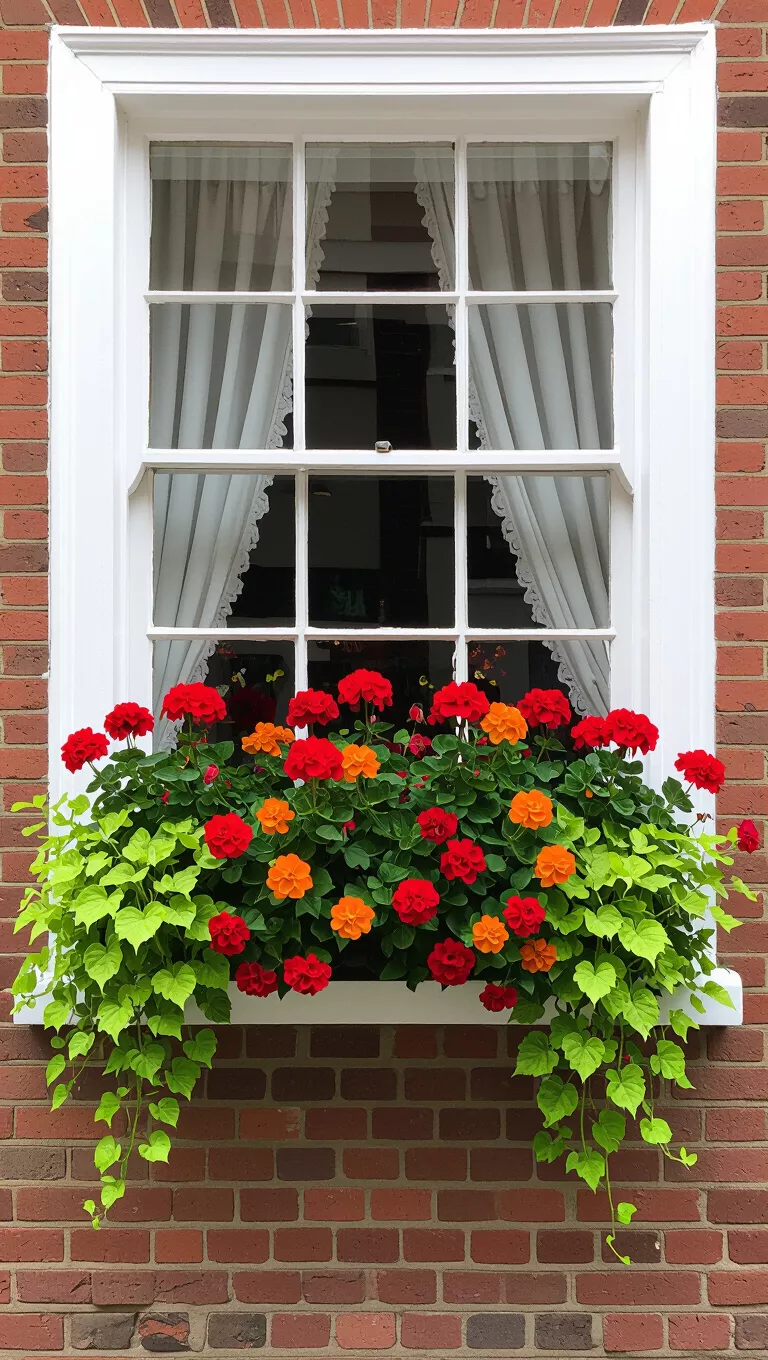Fiery Reds and Oranges Across Two Panes A photo of a window box filled with vibrant red and orange flowers and broad light green cascading leaves, extending across two window panes.