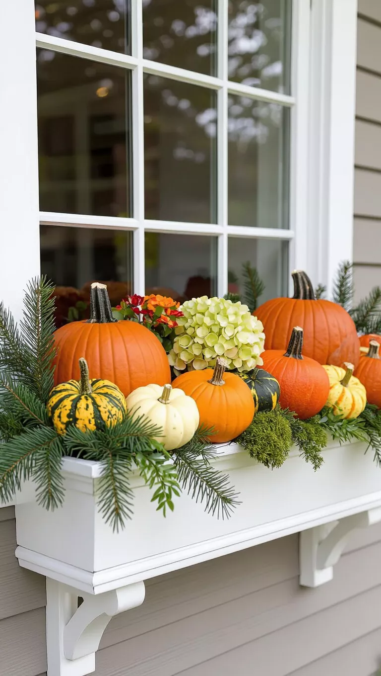 Whimsical Pumpkin Patch Aesthetic A photo of a window box with a lively pumpkin patch-inspired aesthetic, featuring various real and artificial pumpkins, gourds, evergreen branches, moss, and dried hydrangeas, all nestled within a white window box with decorative brackets.