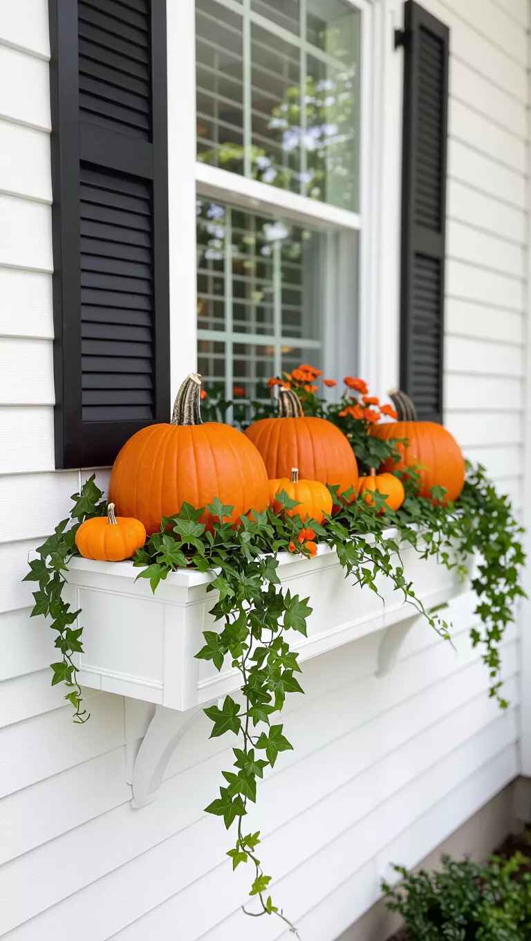 Festive Pumpkins and Trailing Ivy A photo of a window box adorned with two large orange pumpkins, smaller orange accents, and trailing ivy, all nestled in a white planter against a white house with black shutters.