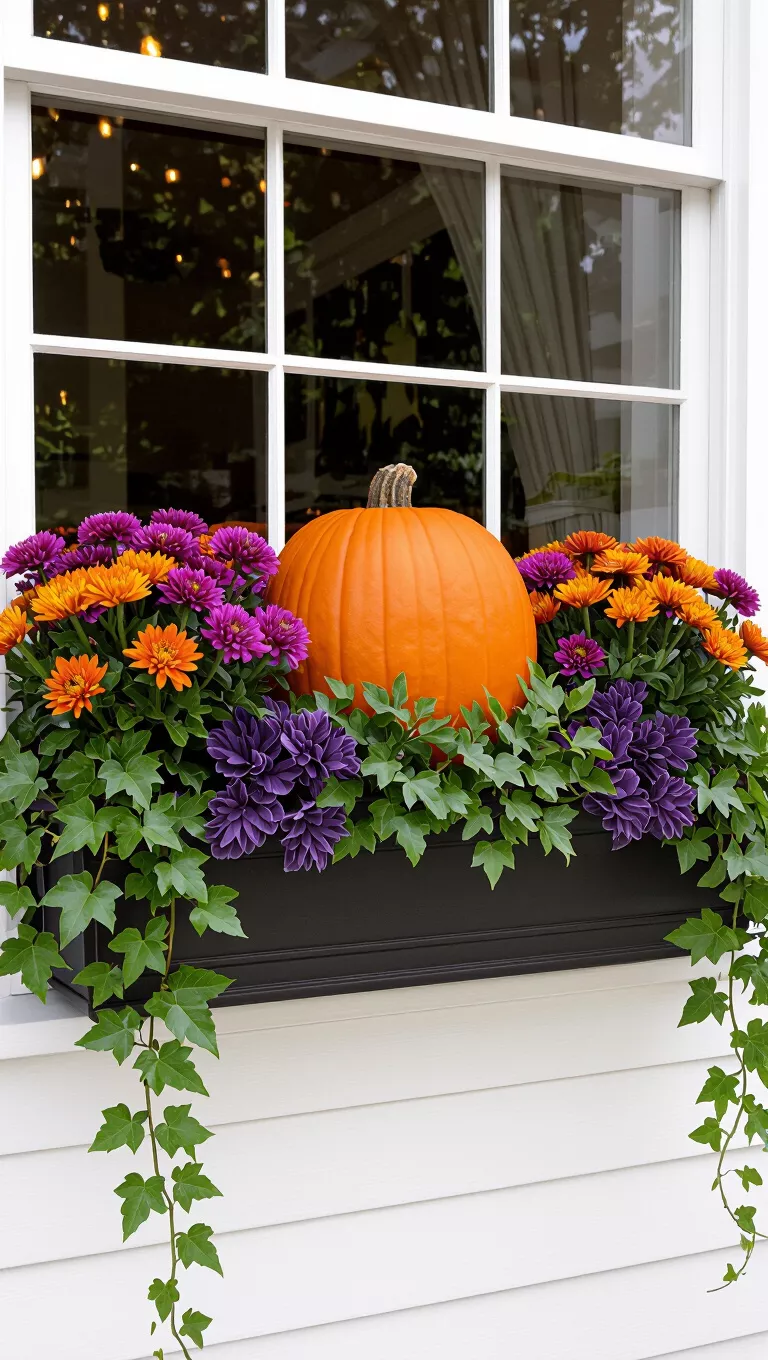 Vibrant Pumpkin and Mum Medley A photo of a window box display featuring a large orange pumpkin surrounded by purple and orange chrysanthemums, with trailing ivy vines and purple kale accents.