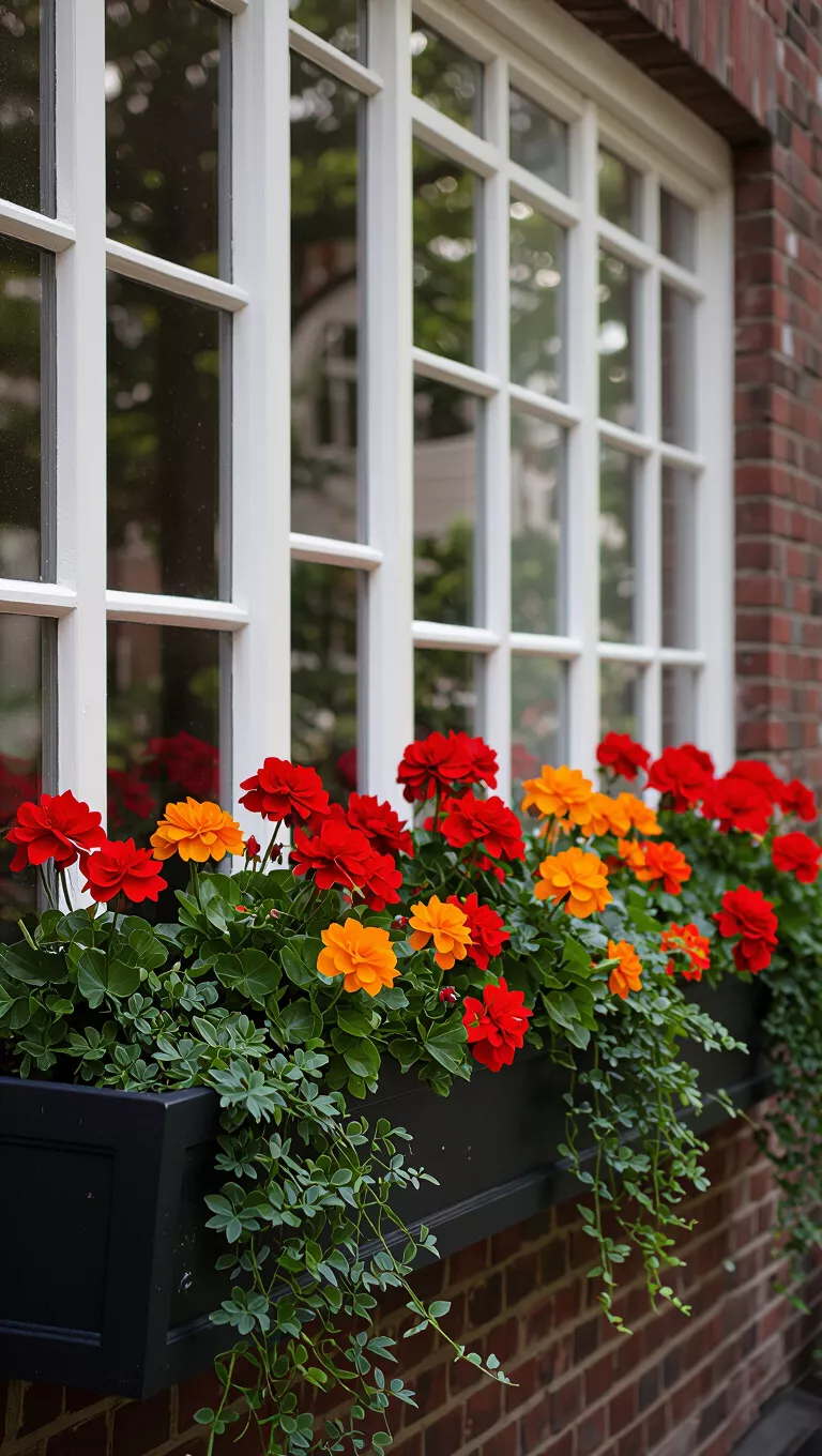 Coordinated Reds and Oranges in Triplicate A photo of a window box, filled with red and orange flowers and some trailing greenery, placed below a row of three windows.