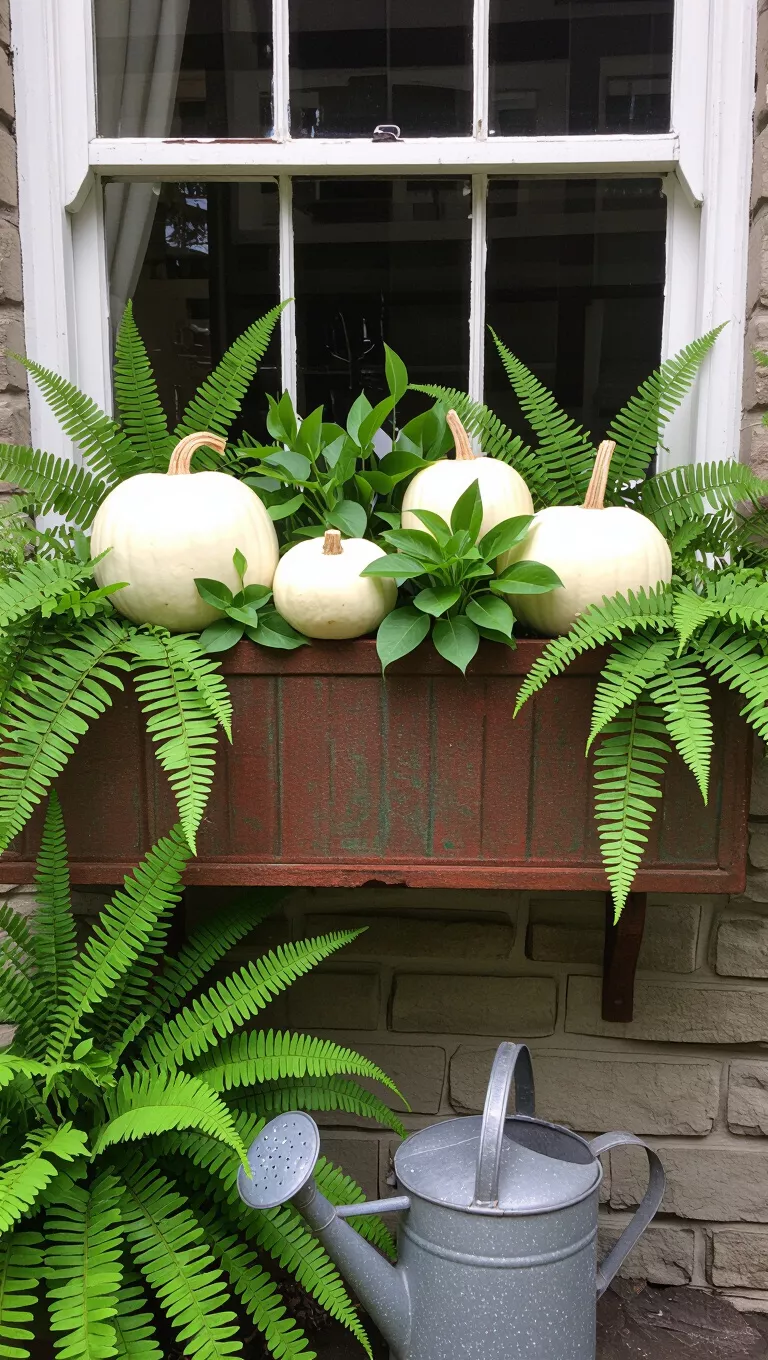 Antique Rust with White Pumpkins A photo of an antique window box, rusting at the edges, adorned with white pumpkins and a variety of green plants including ferns and leafy foliage, with an outdoor watering can beside it.