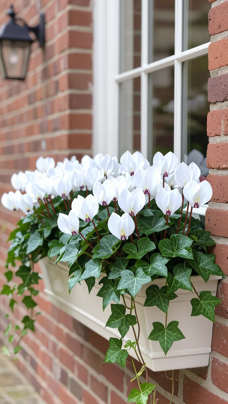 Elegant White Cyclamen and Ivy A photo of a window box filled with elegant white cyclamen flowers and trailing ivy against a brick wall, showcasing a classic and muted floral display.