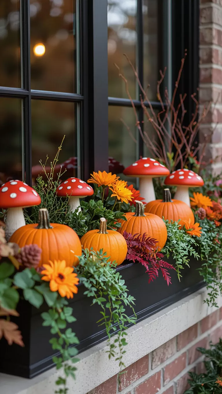 Whimsical Mushrooms and Bare Branches A photo of a window box showcasing a whimsical fall display with vibrant orange pumpkins, whimsical mushroom-like accents, various plants, and bare branches, providing a playful autumn aesthetic.