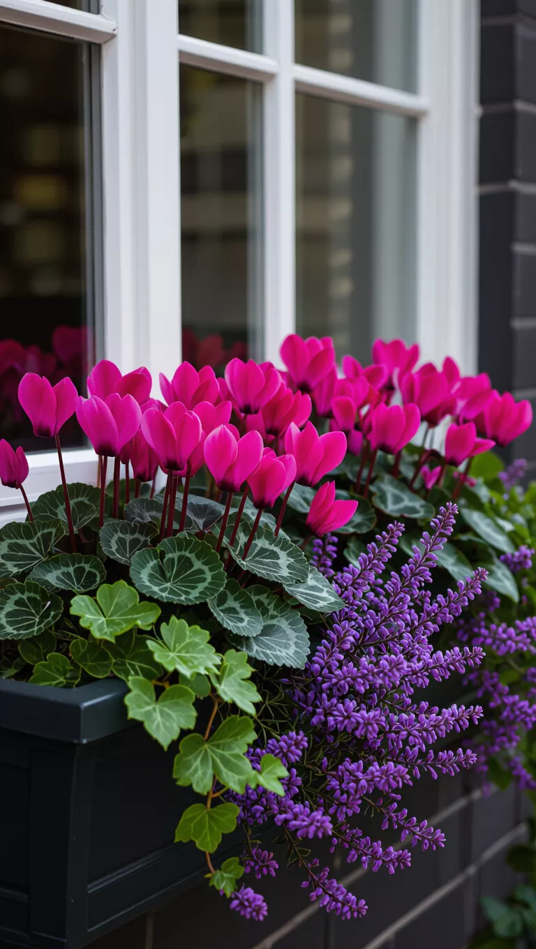 Vibrant Fuchsia and Purple Heather A photo of a window box featuring vibrant fuchsia cyclamen and purple heather plants, creating a striking contrast of colors and textures against the dark background.