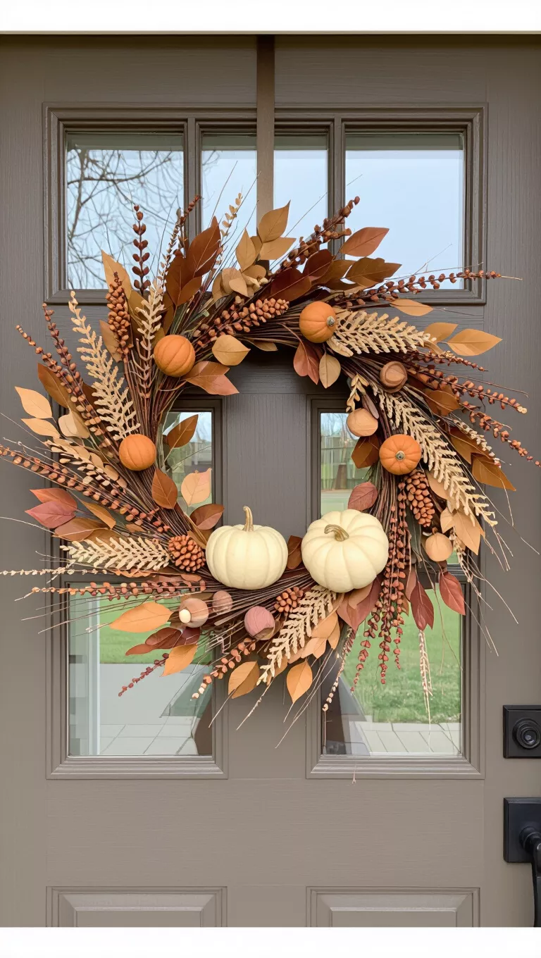 A photo of a front door with a rustic wreath crafted from dried botanicals, pods, and leaves in earthy tones are accented with two small white pumpkins.
