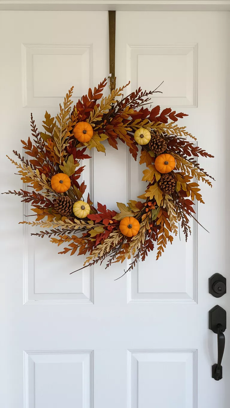 A photo of a front door with a simple yet inviting fall wreath crafted from natural elements and dried foliage hangs on a classic white door.