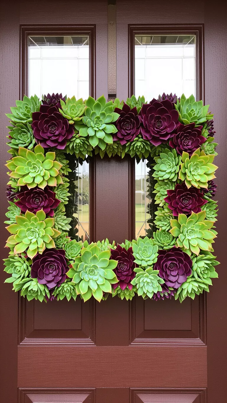 A photo of a front door with a square wreath meticulously crafted from various succulents in shades of green and deep burgundy, creating a vibrant, living botanical display.